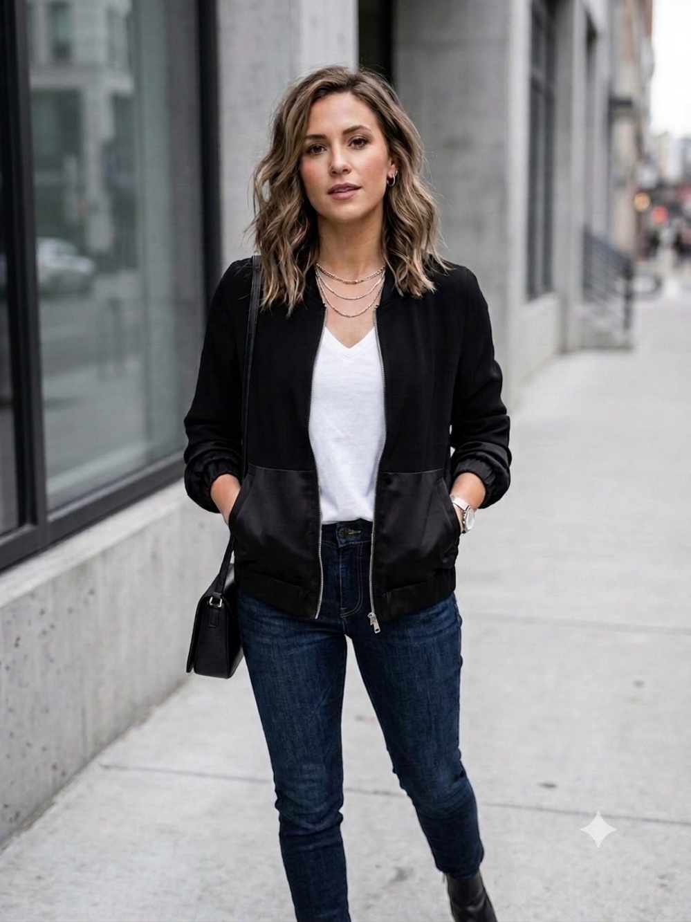 Forever 21 Black Bomber Jacket with Satin Pocket Trim